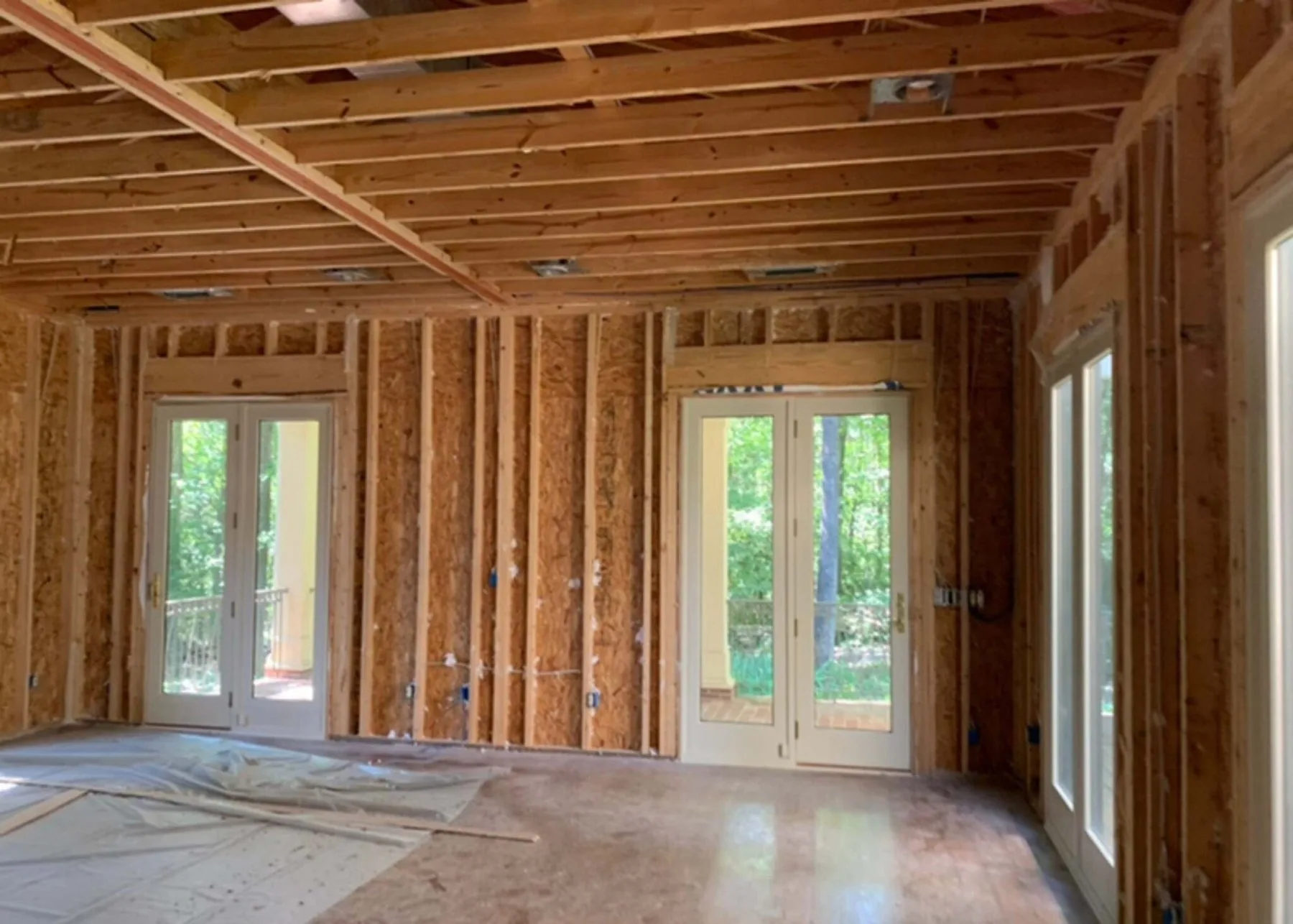 Interior of a home stripped to the framing during a rebuild
